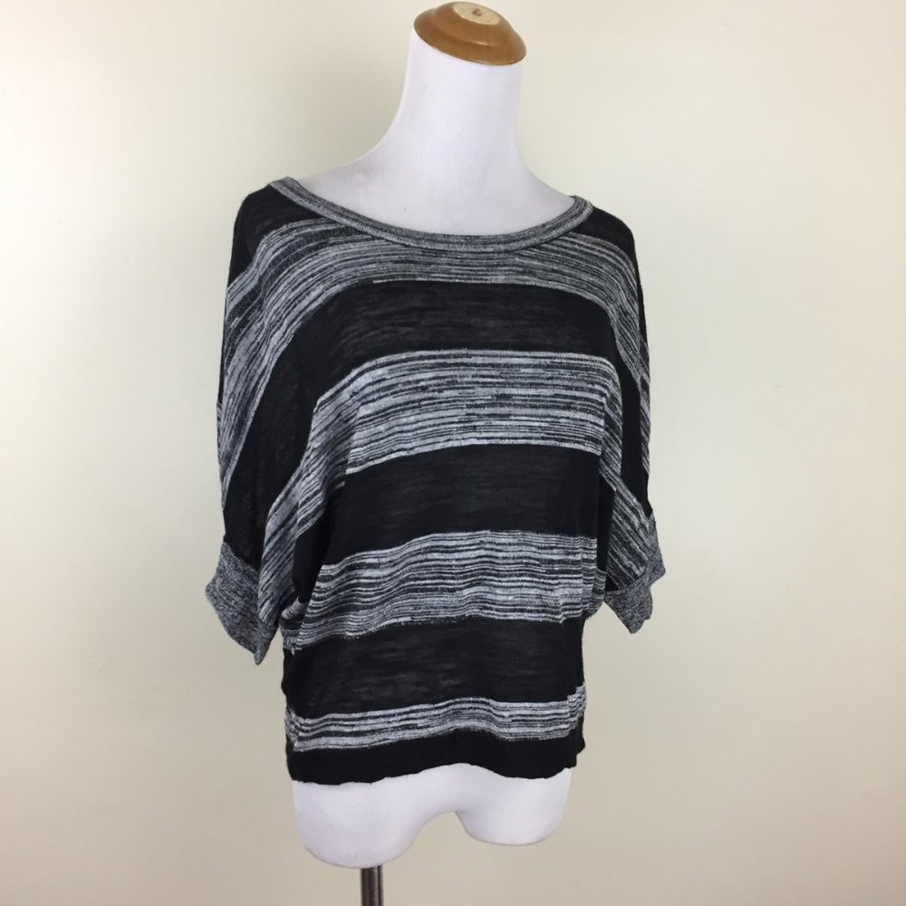 BCBGMAXAZRIA Black Gray White Striped Pattern Dolman Sleeve Knit Sweater